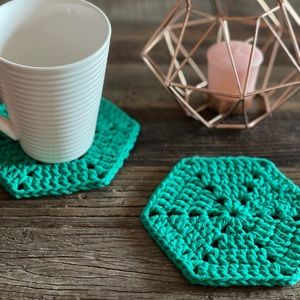2 Handmade Crocheted Coasters, Hexagon Shape